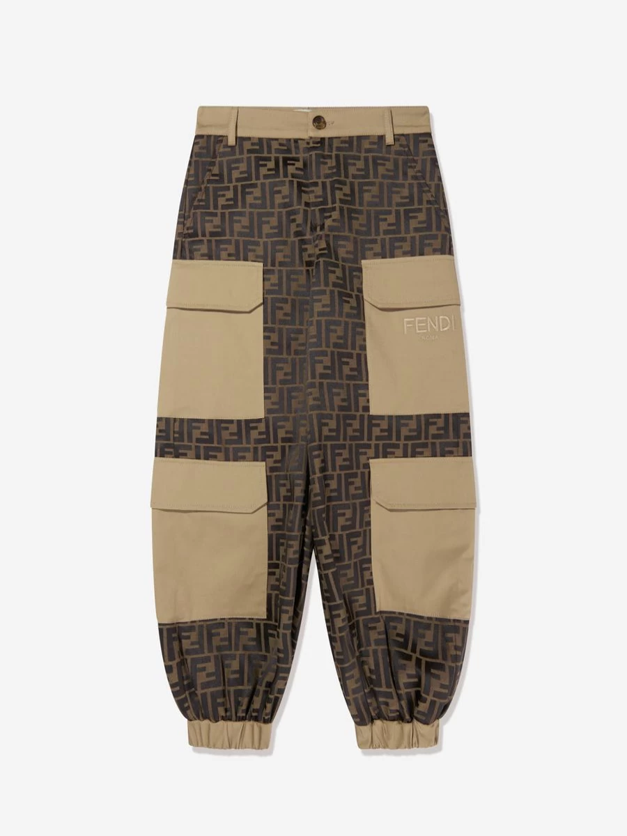 Fendi Kids Boys Zucca Jacquard Cargo Pants Brown | High-End Designer Trousers for Boys