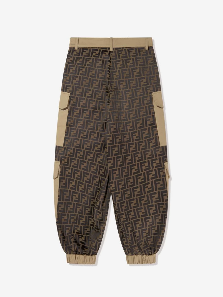 Fendi Kids Boys Zucca Jacquard Cargo Pants Brown | High-End Designer Trousers for Boys