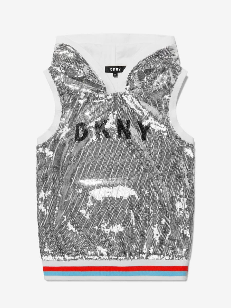 DKNY Girls Sparkling Sequin Sleeveless Hoodie for Fashionable Teens