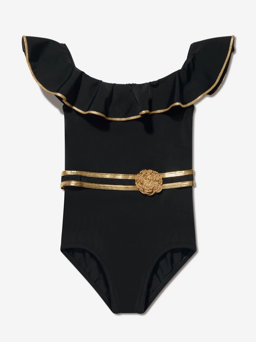 Nessi Byrd Girls Black Ruffled Crochet Flower Terry Swimsuit for Toddlers