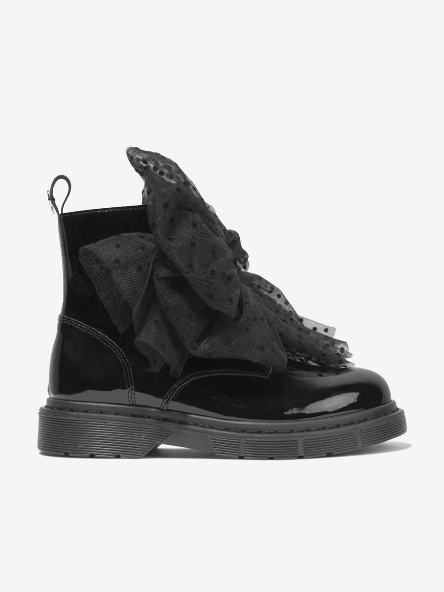 Monnalisa Girls Black Patent Leather Boots with Tulle Bow Detail