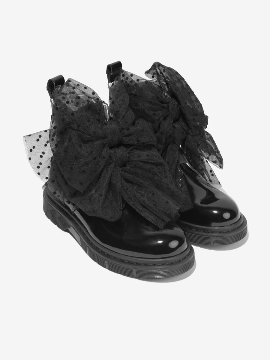 Monnalisa Girls Black Patent Leather Boots with Tulle Bow Detail