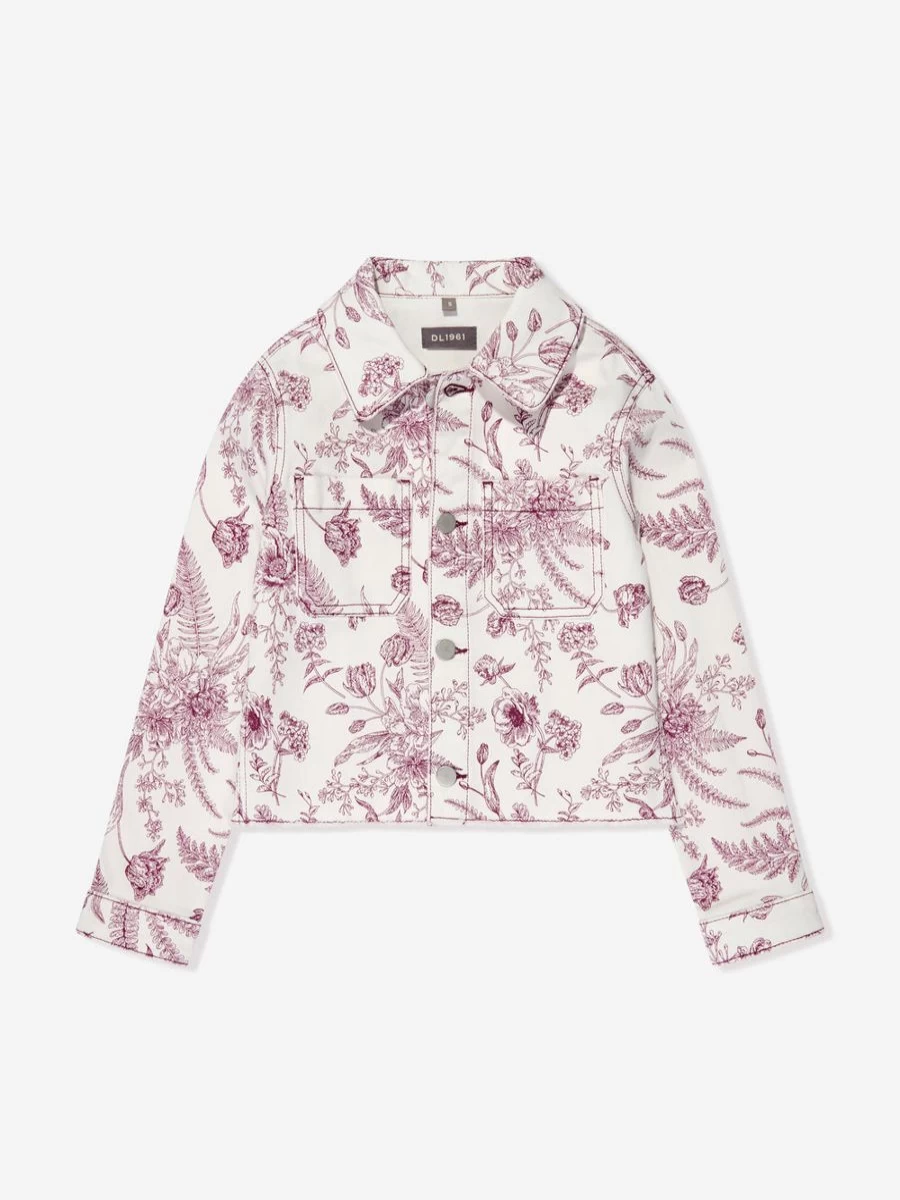 DL1961 Girls' White Botanical Embroidered Denim Jacket