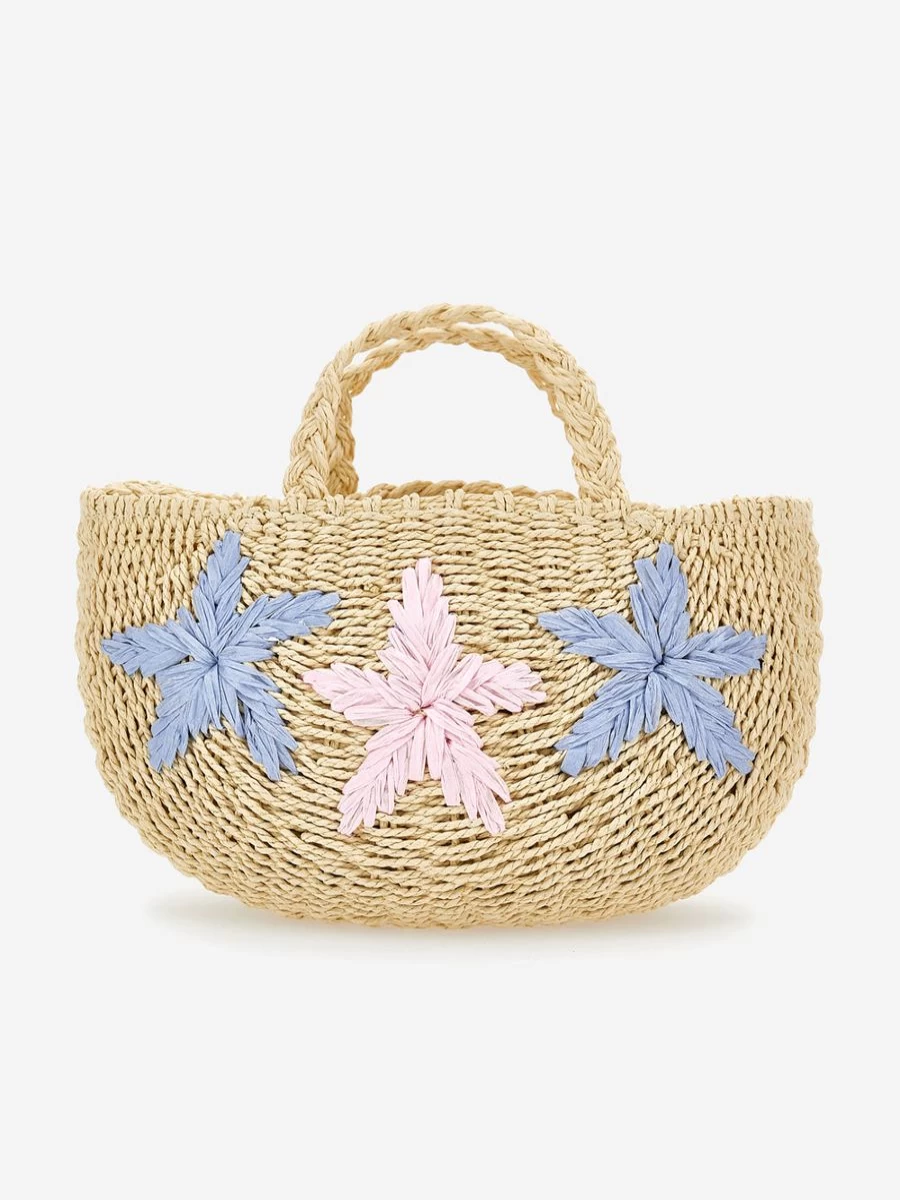 Monnalisa Girls' Straw Star Beach Bag - 32Cm Beige Tote for Summer