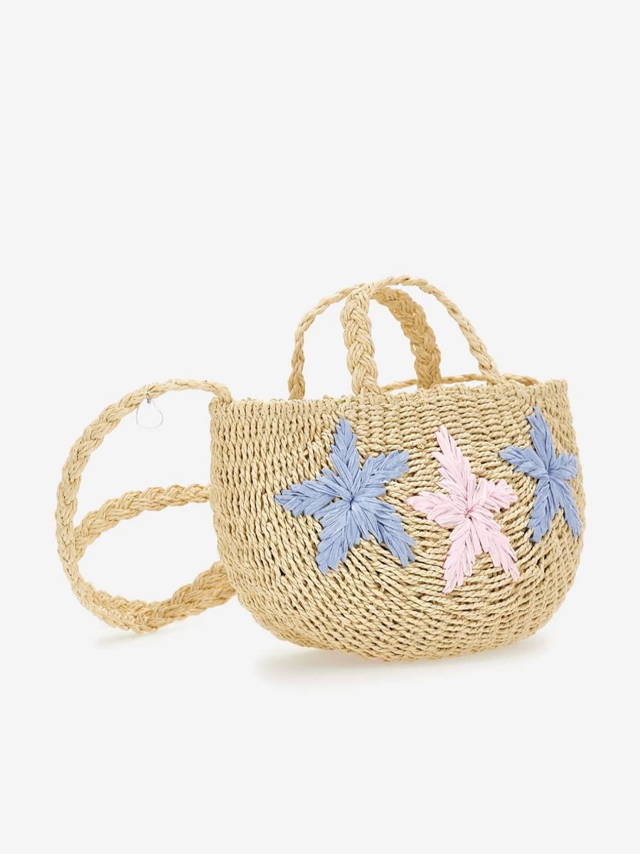 Monnalisa Girls' Straw Star Beach Bag - 32Cm Beige Tote for Summer