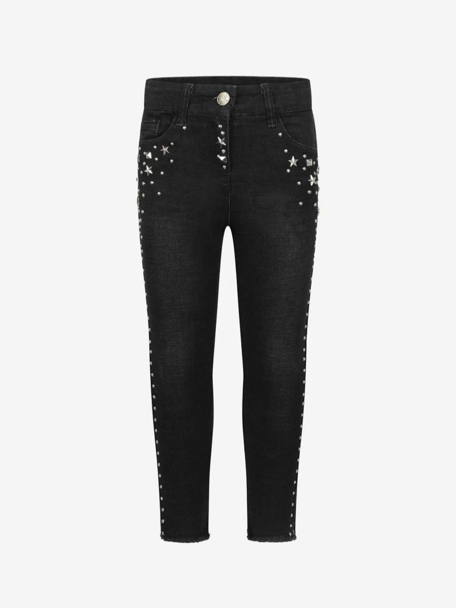 Monnalisa Girls' Studded Denim Jeans | Sparkle Embellished Kids Jeans