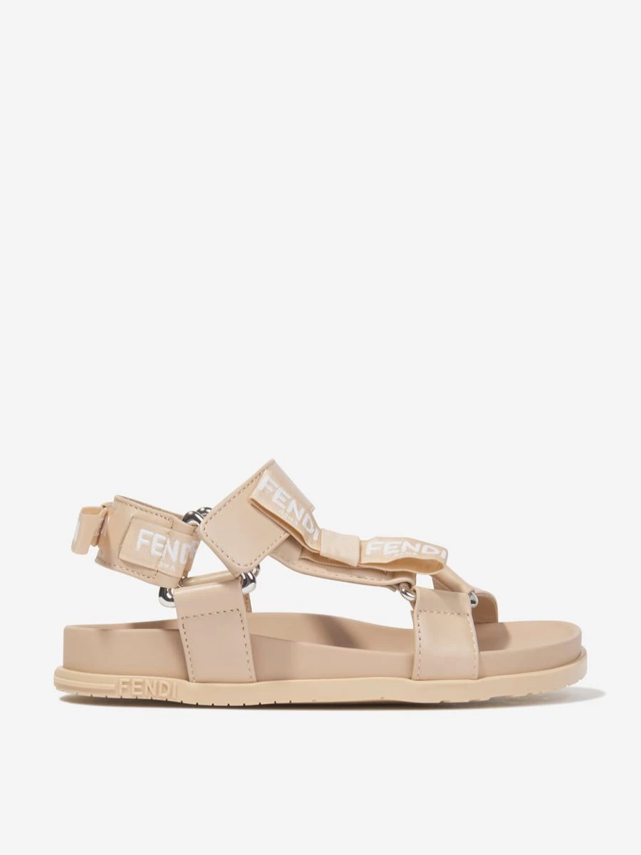 Fendi Kids Teen Beige Leather Jacquard Logo Sandals for Girls