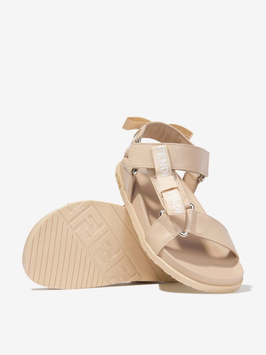 Fendi Kids Teen Beige Leather Jacquard Logo Sandals for Girls