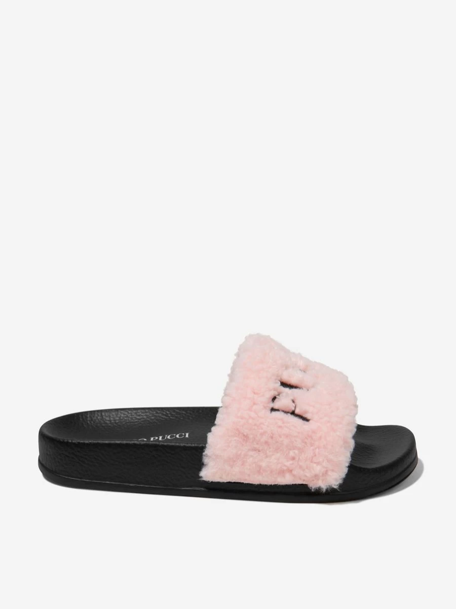 Emilio Pucci Teen Girls Fluffy Logo Slide Sandals | Fashion Kids Slippers