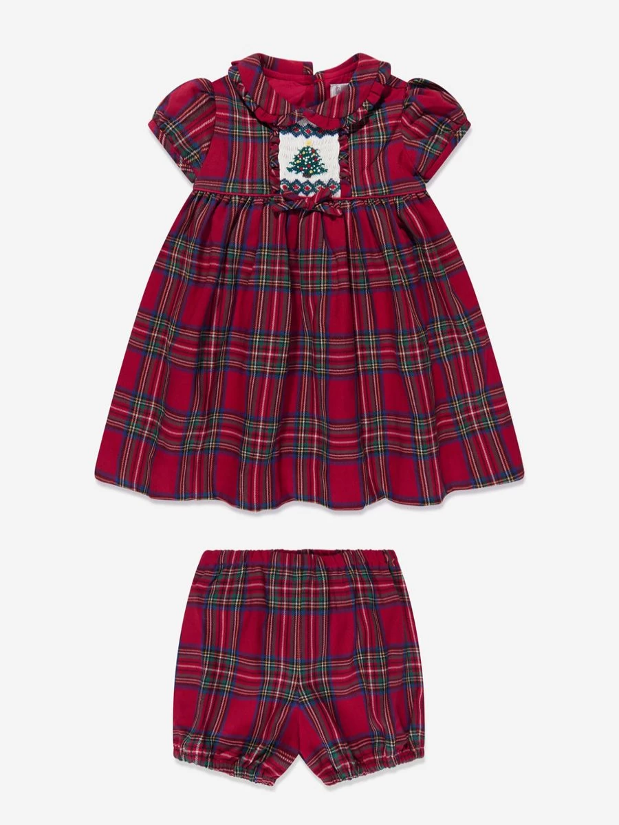 Rachel Riley Red Christmas Tree Dress & Bloomers Set for Baby Girls