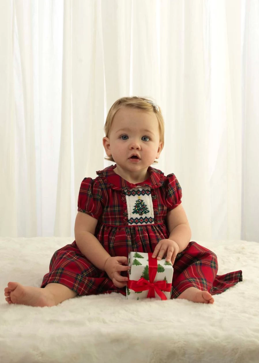 Rachel Riley Red Christmas Tree Dress & Bloomers Set for Baby Girls