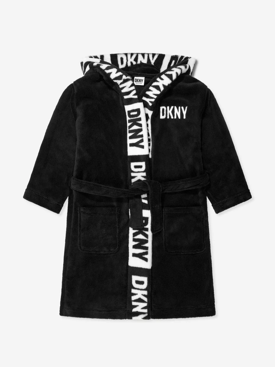 DKNY Boys' Black Logo Embroidered Bathrobe for Kids - Soft Cotton Hooded Robe