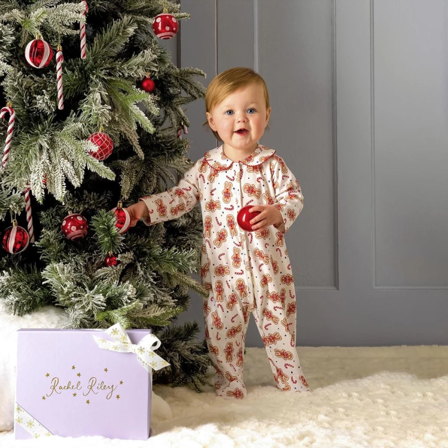 Rachel Riley Girls' White Gingerbread Babygrow - Festive Christmas Outfit