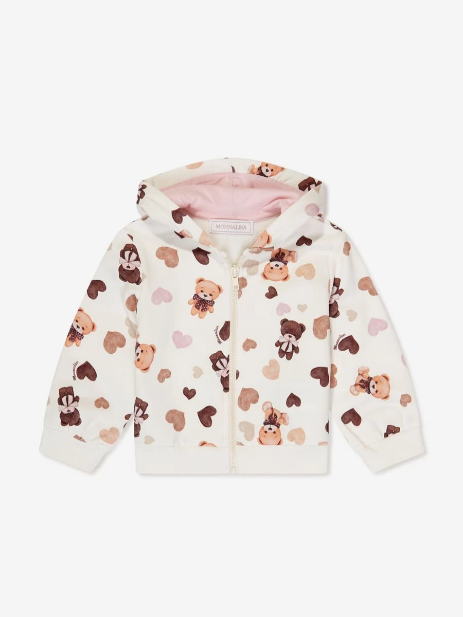 Monnalisa Baby Girls Ivory Teddy Bear Zip Up Hoodie Top