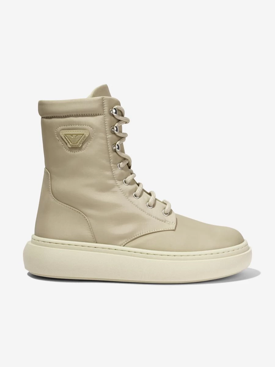 Emporio Armani Boys Beige Leather Lace Up Boots for Stylish Comfort