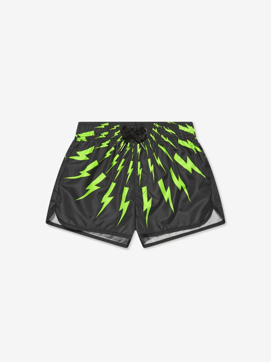 Neil Barrett Boys' Black Thunderbolt Swim Shorts - Quick-Dry Athletic Beachwear