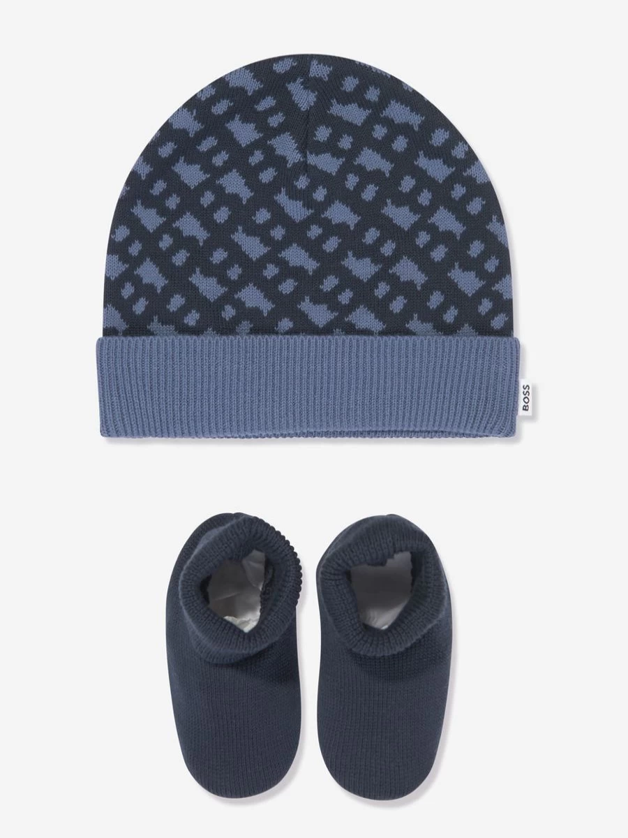 BOSS Baby Boys Navy Hat & Slipper Socks Gift Set - Premium Newborn Winter Accessories