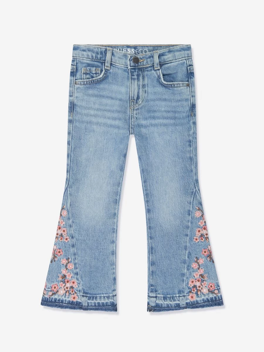 Guess Girls Blue Floral Embroidered Flared Denim Jeans for Teens