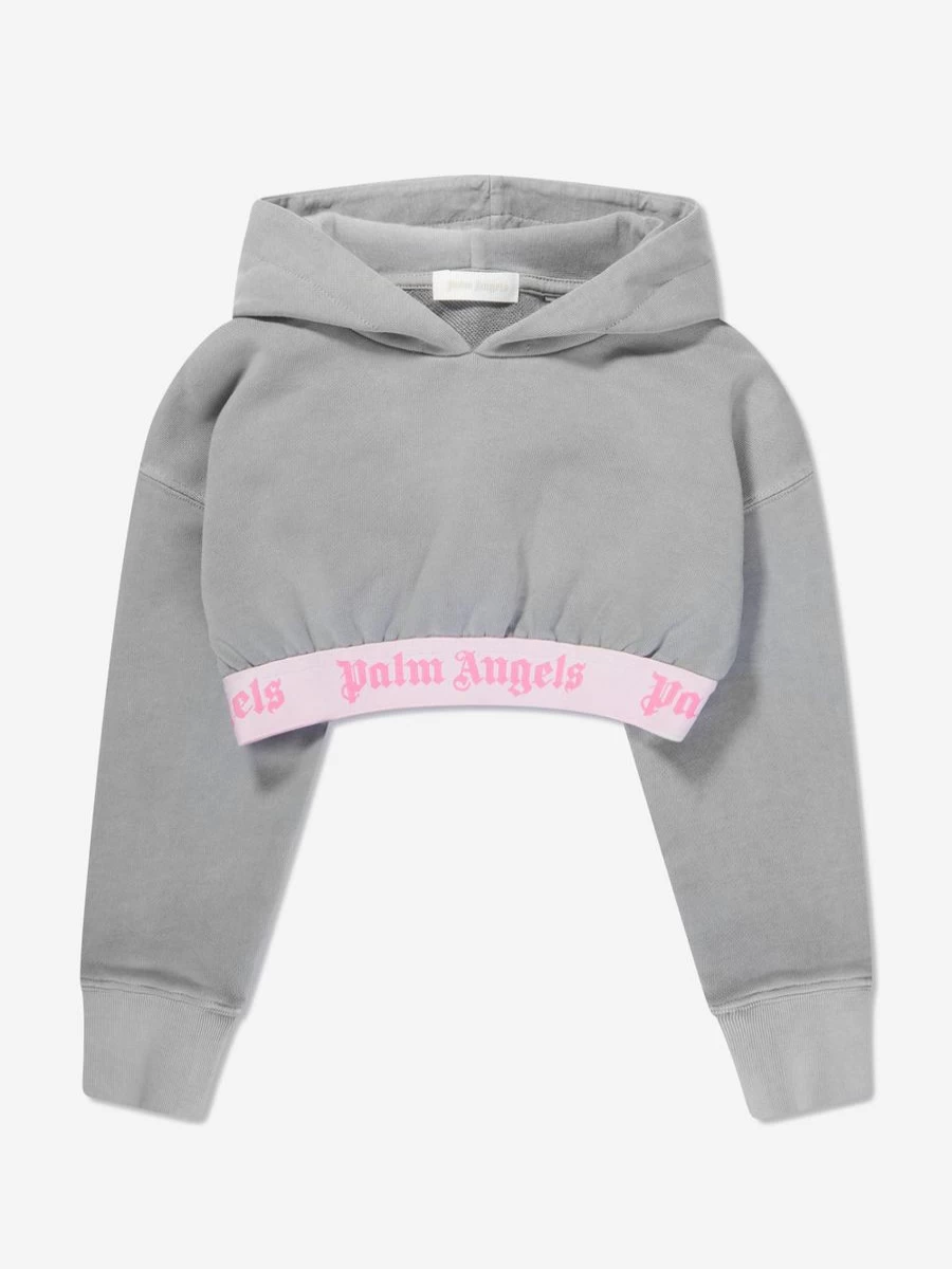 Palm Angels Girls Grey Logo Band Cropped Hoodie Sweatshirt