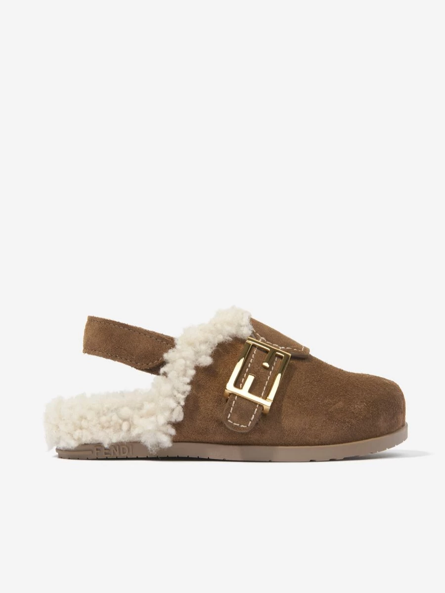 Fendi Kids Boys Brown Sherpa Slippers for Comfort and Warmth