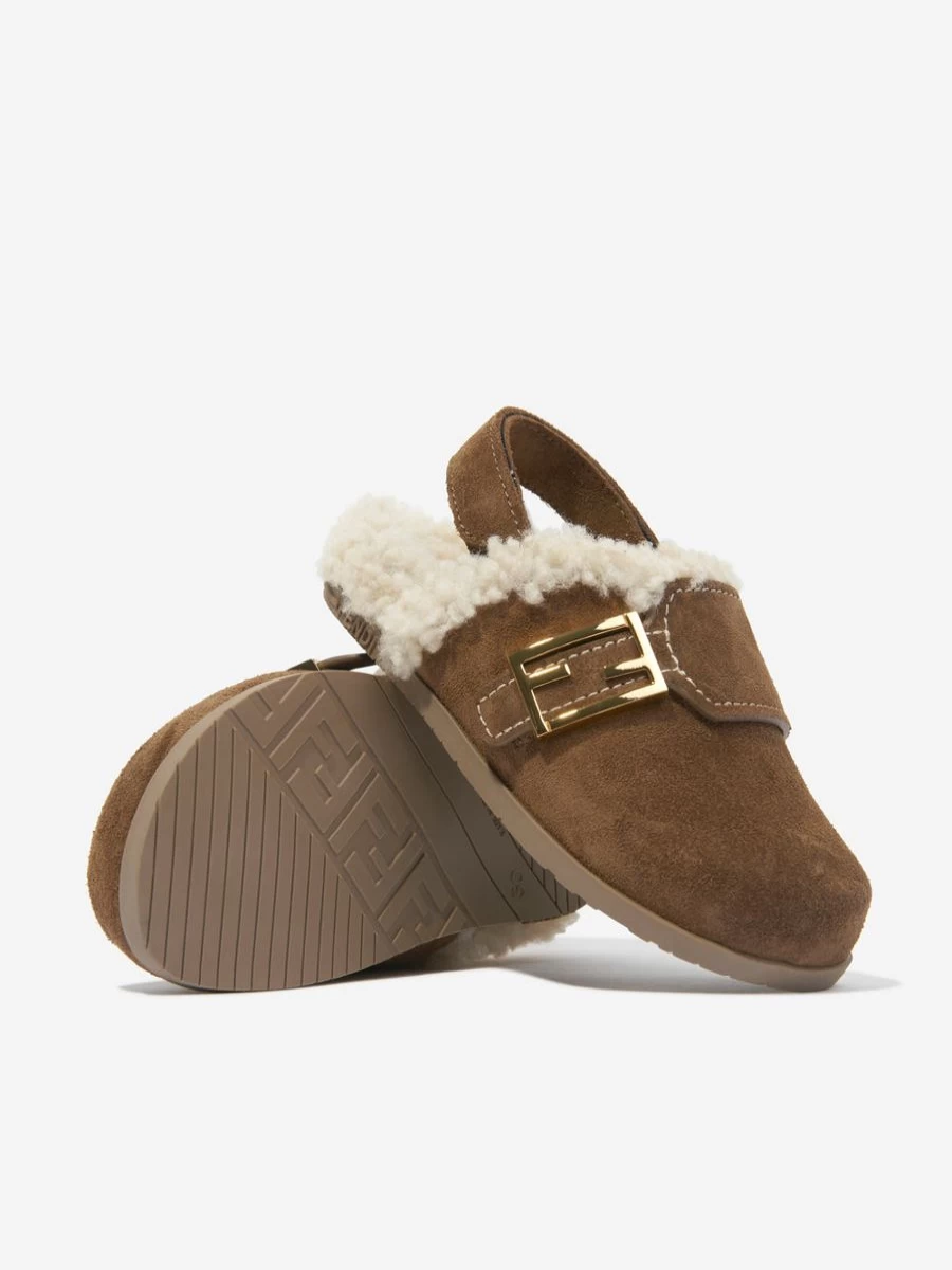 Fendi Kids Boys Brown Sherpa Slippers for Comfort and Warmth