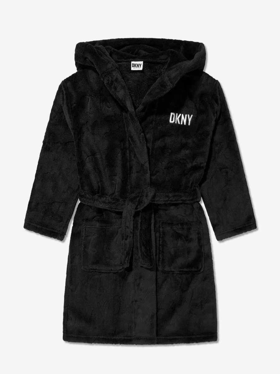 DKNY Girls' Black Logo Bathrobe for Kids - Soft & Comfortable Hooded Robe