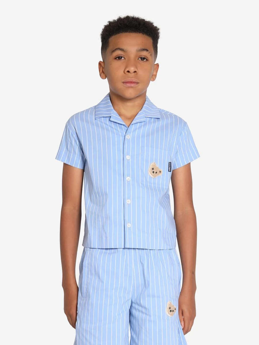 Palm Angels Teen Blue Striped Bowling Shirt with Mini Bear Design
