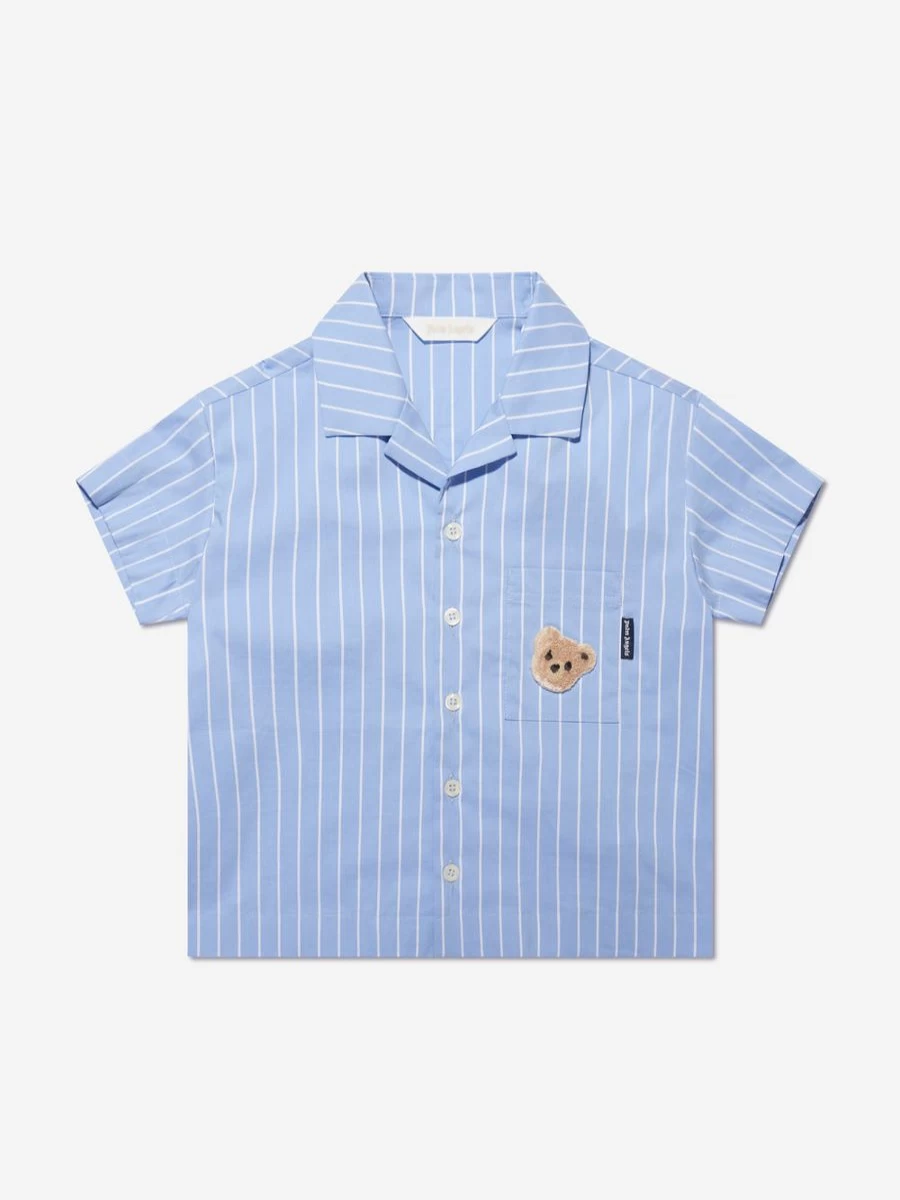 Palm Angels Teen Blue Striped Bowling Shirt with Mini Bear Design