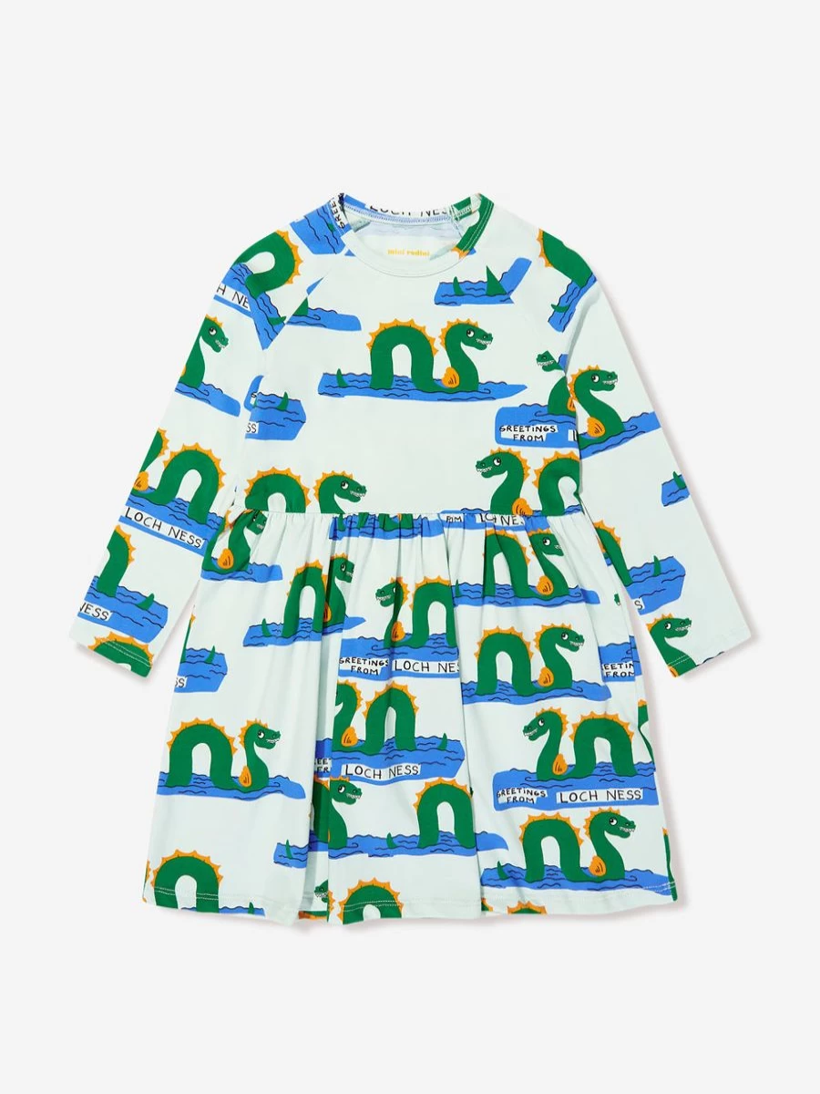Mini Rodini Girls Green Organic Cotton Loch Ness Long Sleeve Dress | Eco-Friendly Kids Dress | Childsplay Clothing