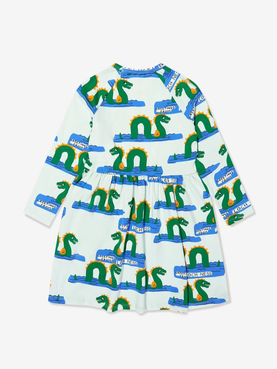 Mini Rodini Girls Green Organic Cotton Loch Ness Long Sleeve Dress | Eco-Friendly Kids Dress | Childsplay Clothing