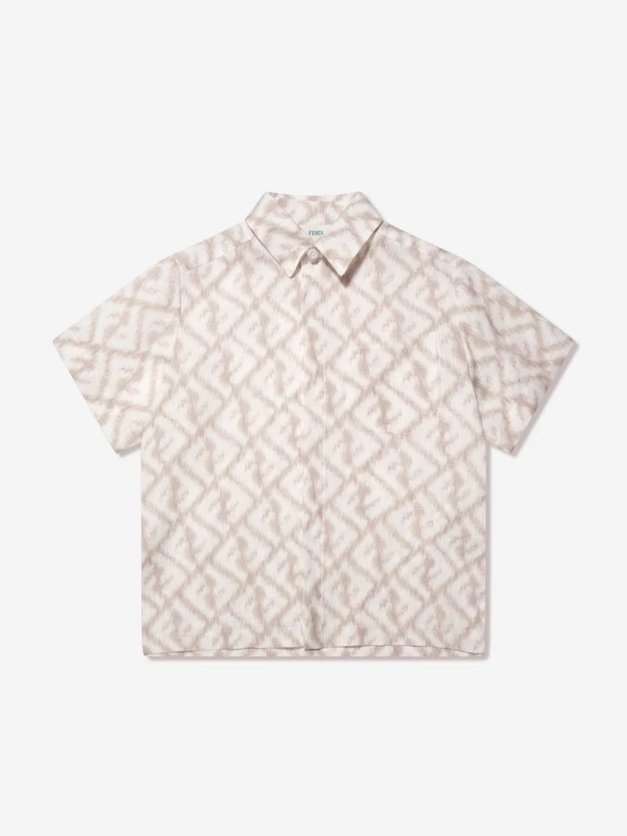 Fendi Kids Teen Ivory Linen Short Sleeve Shirt with Logo