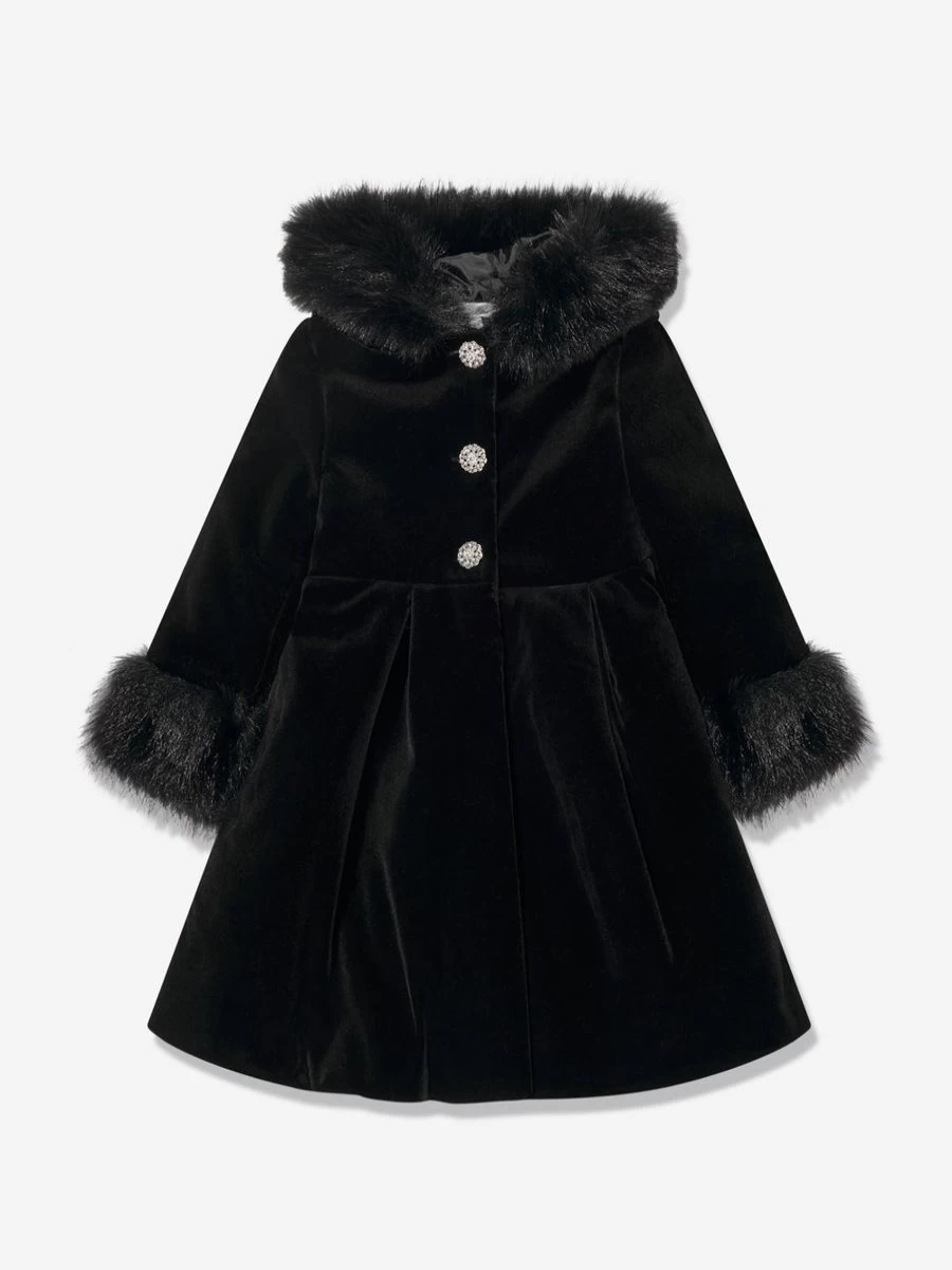 Patachou Girls Black Velvet Coat with Fur Trim - Luxurious Winter Outerwear for Kids