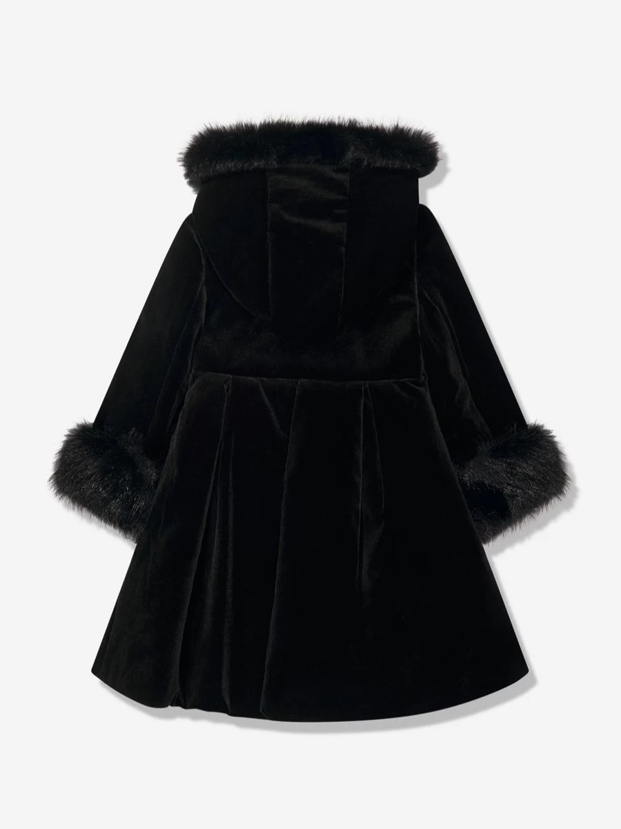 Patachou Girls Black Velvet Coat with Fur Trim - Luxurious Winter Outerwear for Kids