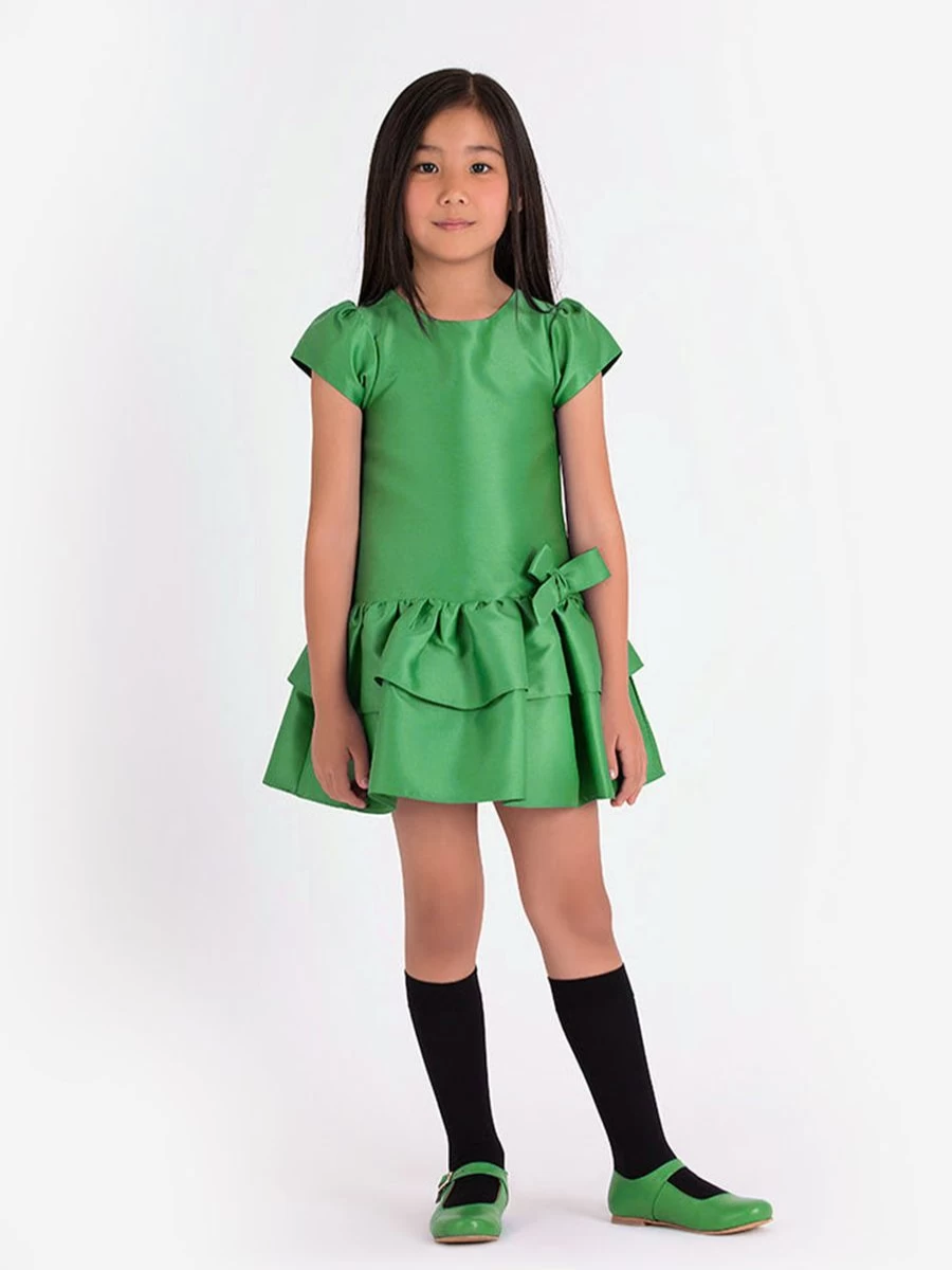 Mama Luma Girls Green Layered Bow Dress - Elegant Kids Party Outfit