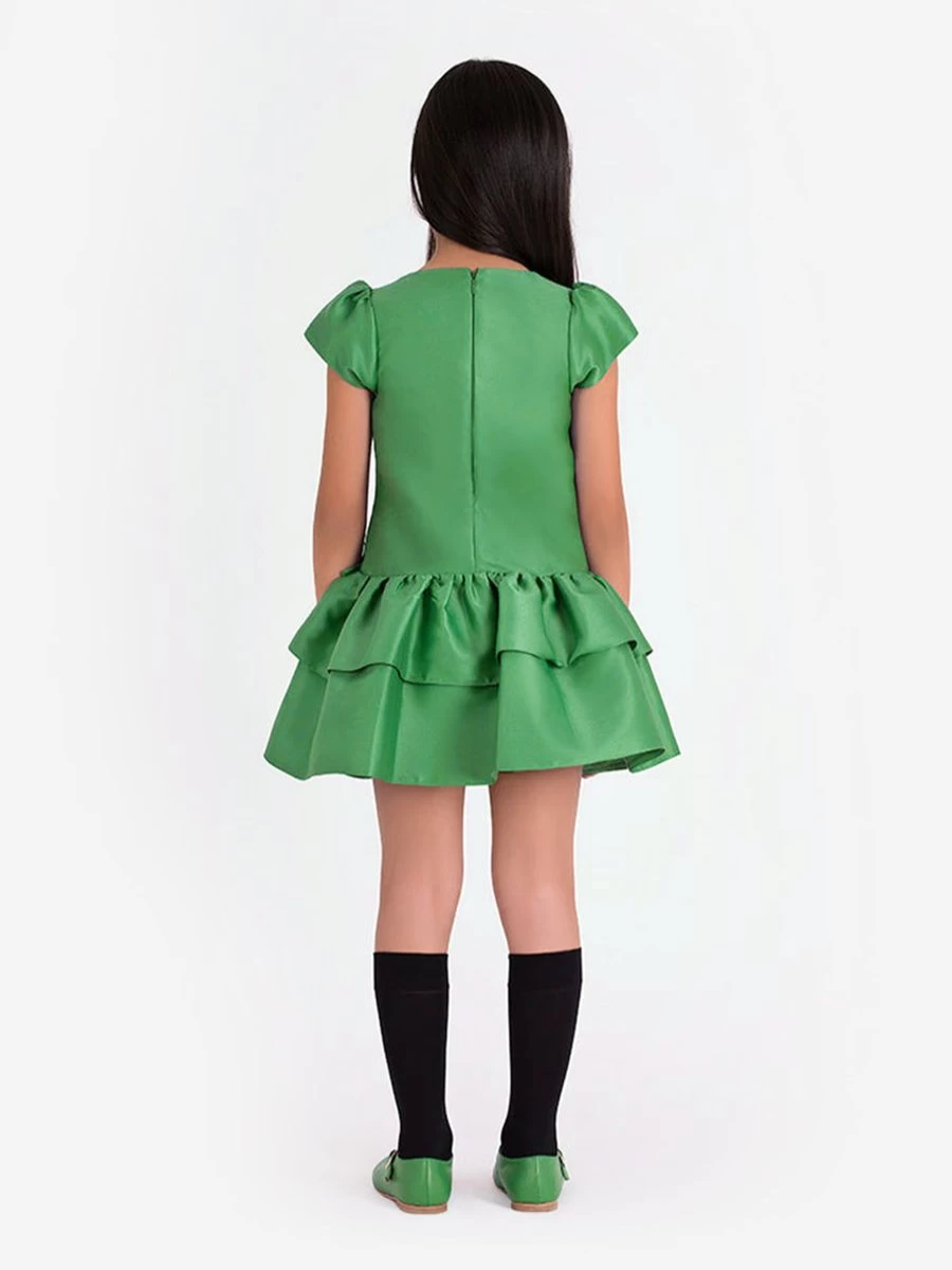 Mama Luma Girls Green Layered Bow Dress - Elegant Kids Party Outfit