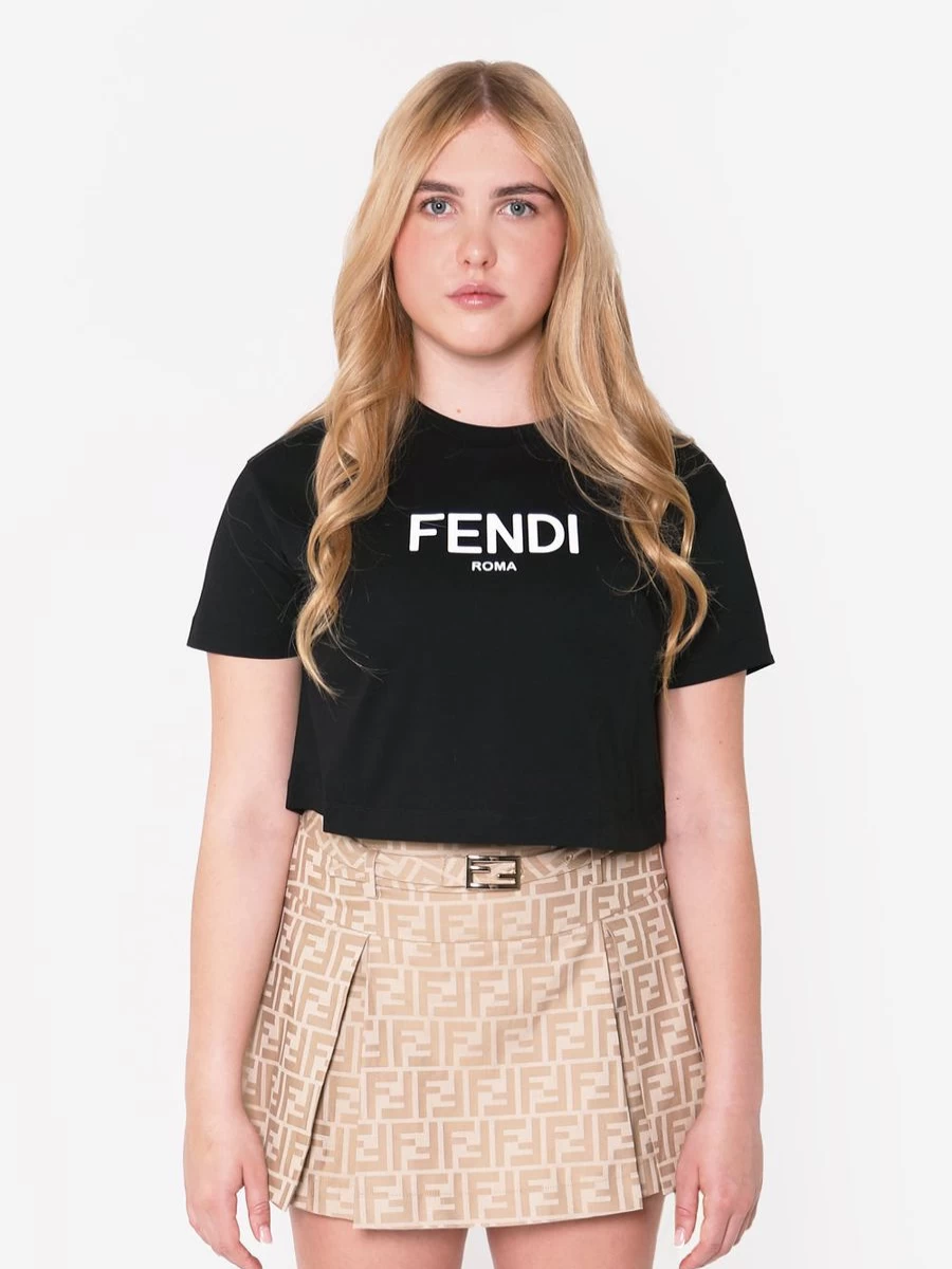 Fendi Kids Teen Girls Black Cropped Logo T-Shirt | Trendy Fashion Top