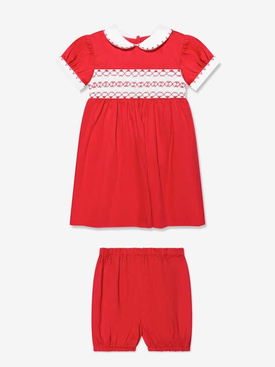 Rachel Riley Red Classic Smocked Dress with Bloomers for Baby Girls