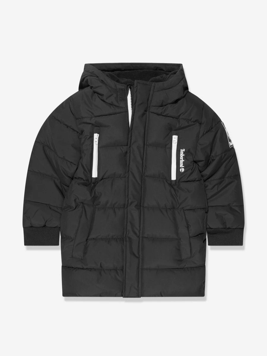 Timberland Boys' Black Long Puffer Jacket - Warm Winter Coat for Kids