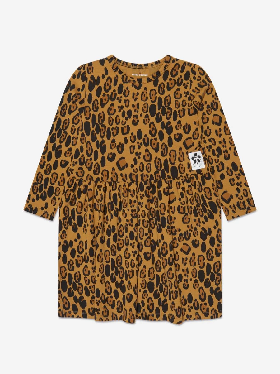 Mini Rodini Girls' Beige Leopard Print Long Sleeve Dress - Basic Casual Style