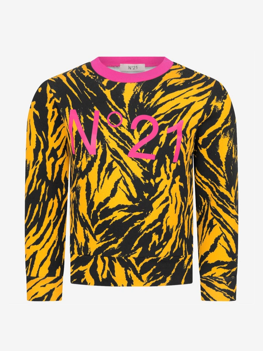 N°21 Girls Yellow Cotton Tiger Print Sweater | Kids Animal Pattern Knitwear