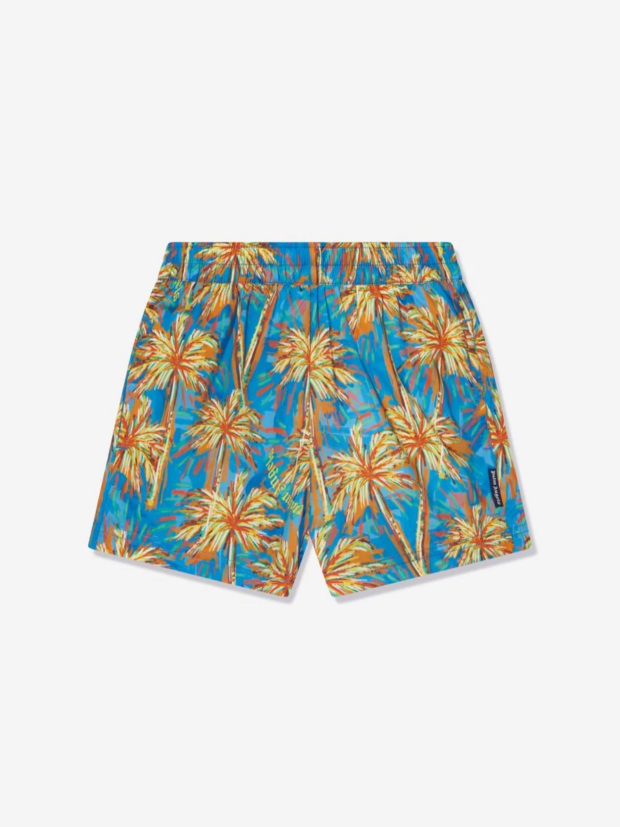 Palm Angels Boys Blue AOP Swim Shorts with Palms Print