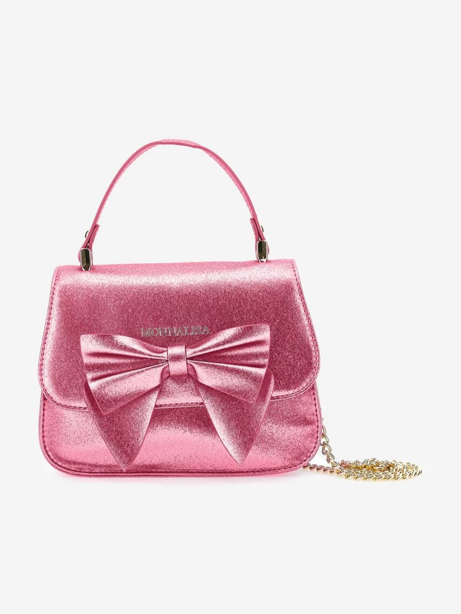 Monnalisa Pink Glitter Bow Handbag for Girls - 21cm Sparkly Kids Purse