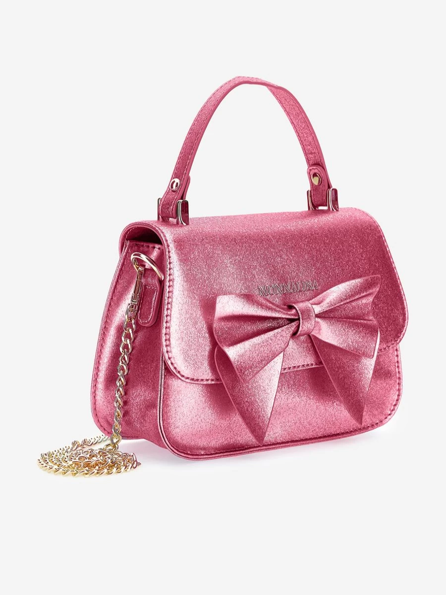 Monnalisa Pink Glitter Bow Handbag for Girls - 21cm Sparkly Kids Purse