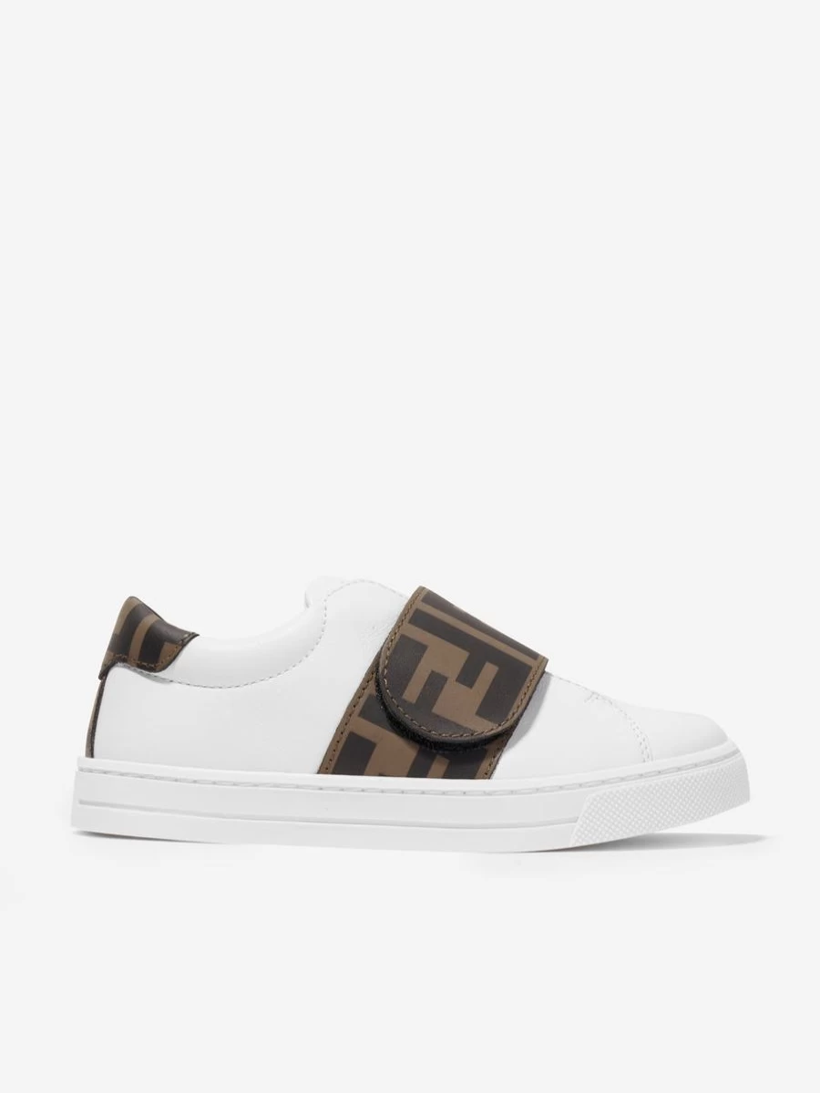 Fendi Kids White Leather FF Logo Strap Sneakers for Teens | Stylish Designer Trainers