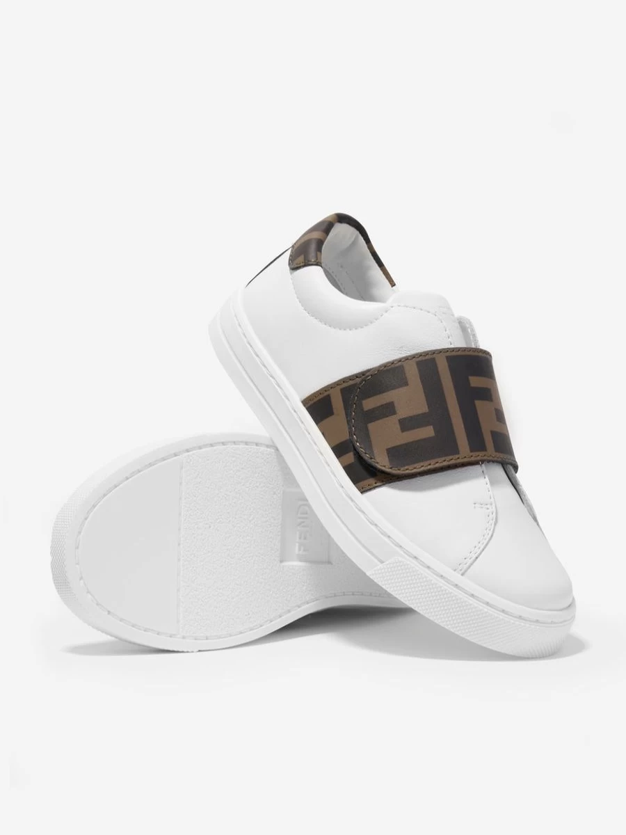 Fendi Kids White Leather FF Logo Strap Sneakers for Teens | Stylish Designer Trainers
