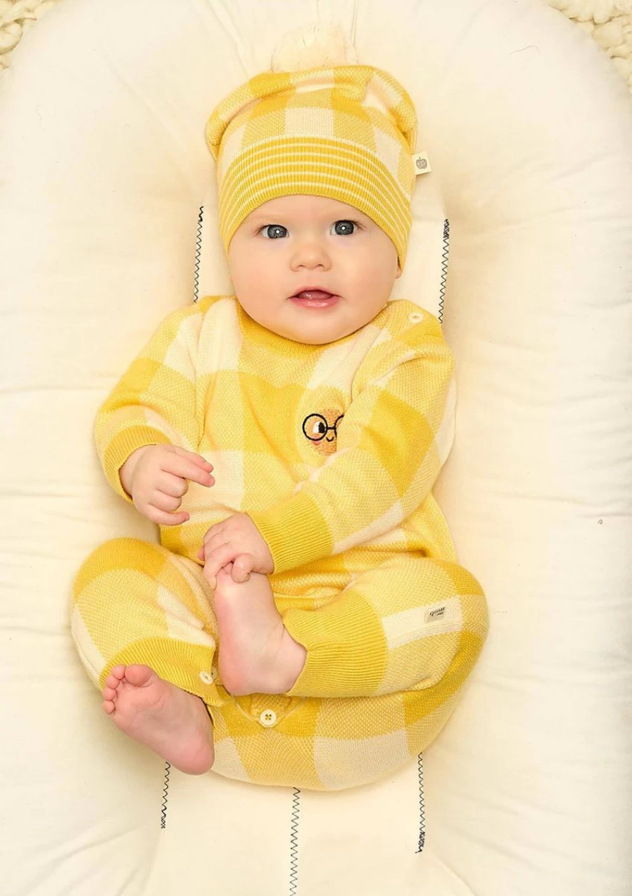 The Bonnie Mob Girls' Yellow Baby Check Jacquard Romper - Stylish & Comfortable Outfit