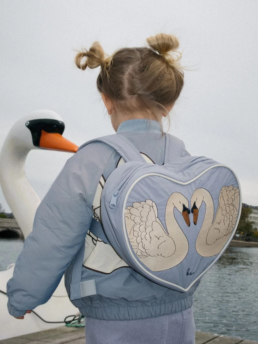 Konges Slojd Girls Blue Swan Heart Backpack - 26cm Cute Kids School Bag