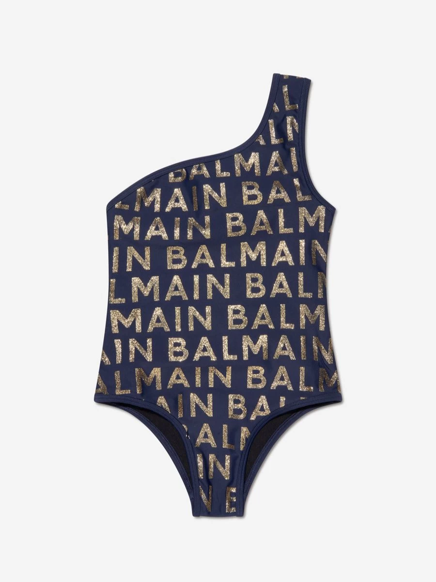 Balmain Teen Girls Navy One Shoulder Logo Swimsuit for Summer Beachwear