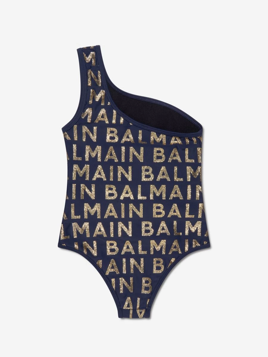 Balmain Teen Girls Navy One Shoulder Logo Swimsuit for Summer Beachwear