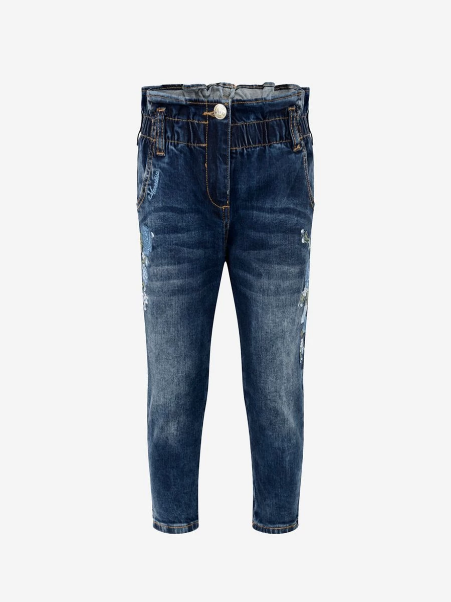 Monnalisa Girls' Denim Rose Embroidered Jeans for Kids